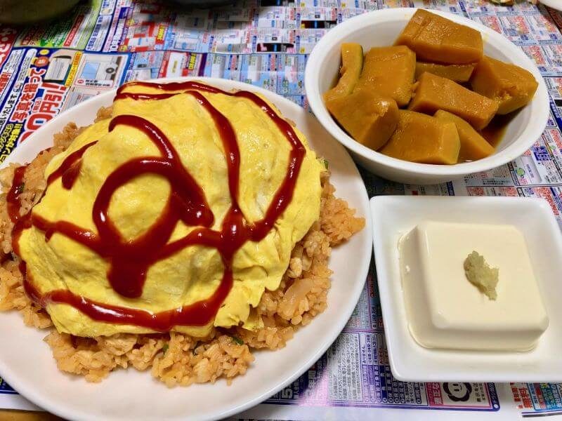 19.0912夕食-オムライスとかぼちゃ煮と冷奴