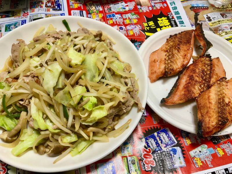 19.1217夕食-野菜炒めと焼き鮭